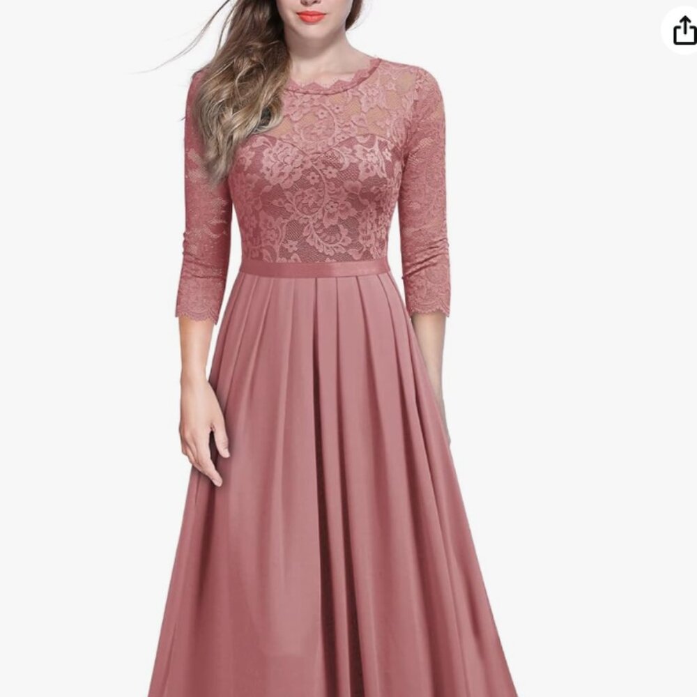 Miusol Elegant Floral Lace 3/4 Sleeve Bridesmaid Formal Maxi Dress (Cinpink, XL)